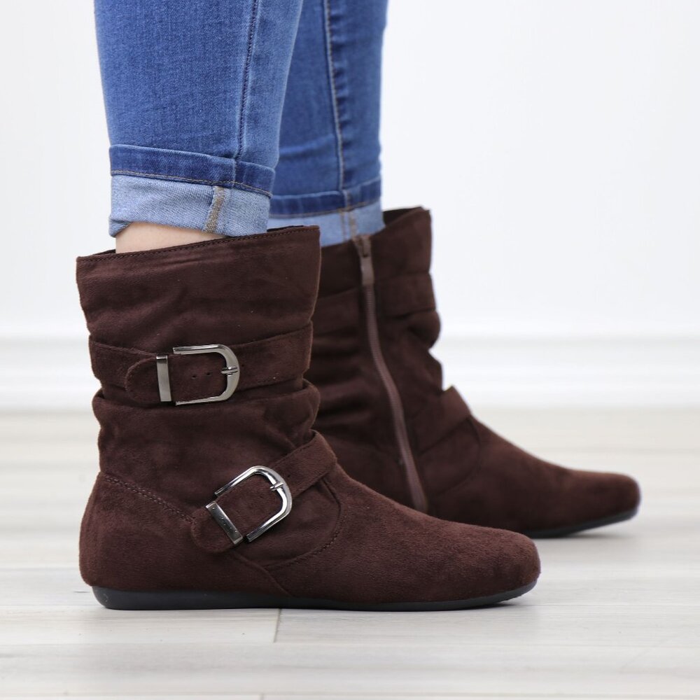 Brown Suede Buckle Boots  Flat Sole Slouchy Fit Everyday Fall Style - Picture 4 of 14